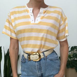 Vintage 80s white yellow stripe lace up t shirt